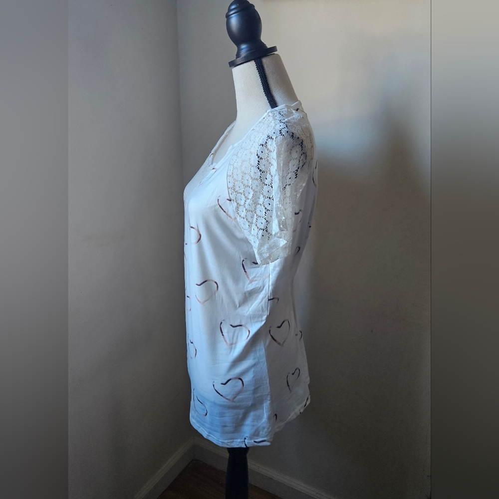 Heart Printed nwot Lace Short Sleeve Casual T-shirt size large white - Picture 3 of 9
